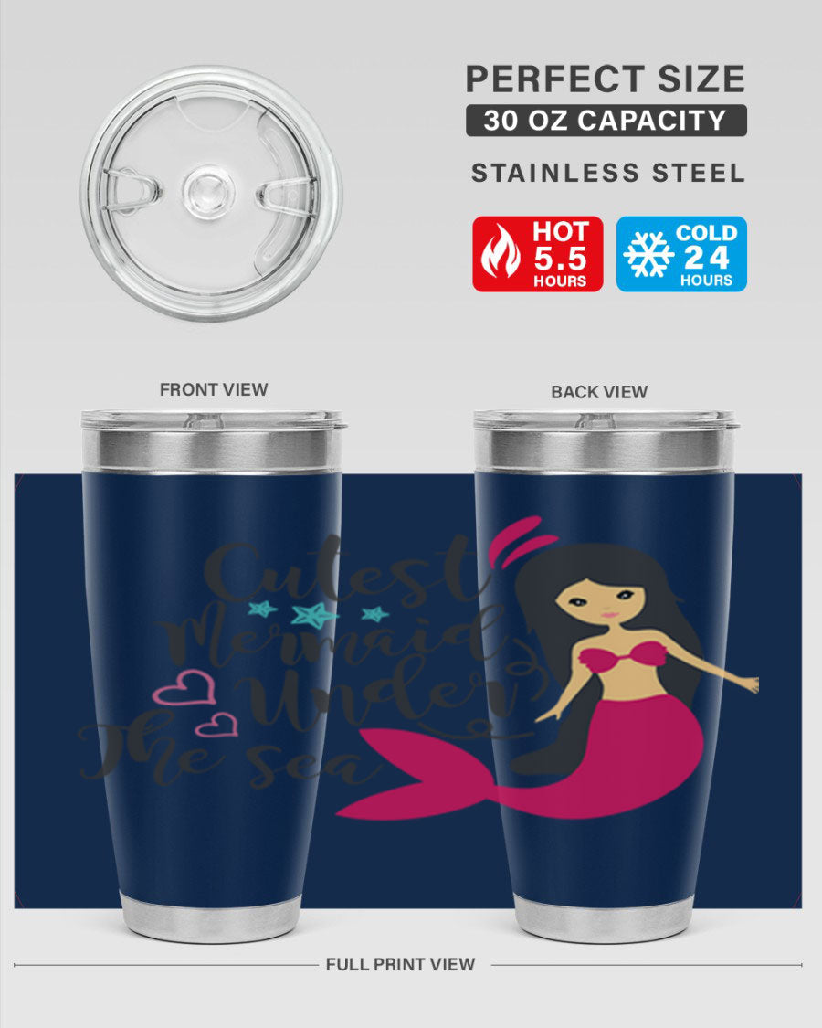 A vibrant 20oz tumbler featuring a cute mermaid design, made of double wall vacuum stainless steel with a drink-thru lid.