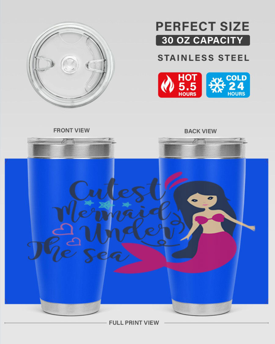 A vibrant 20oz tumbler featuring a cute mermaid design, made of double wall vacuum stainless steel with a drink-thru lid.