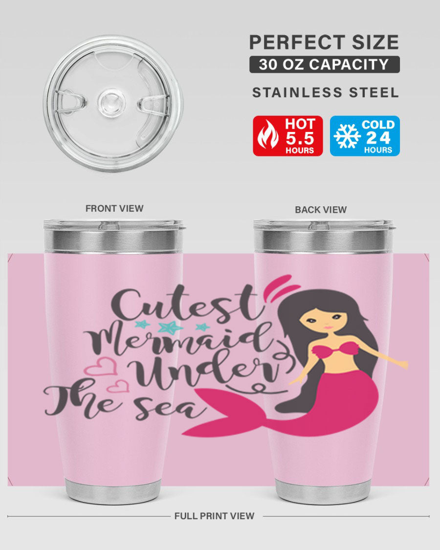 A vibrant 20oz tumbler featuring a cute mermaid design, made of double wall vacuum stainless steel with a drink-thru lid.