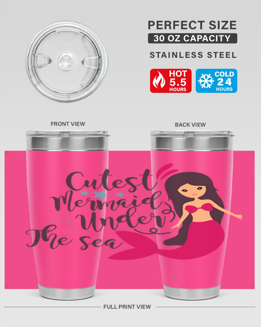 A vibrant 20oz tumbler featuring a cute mermaid design, made of double wall vacuum stainless steel with a drink-thru lid.