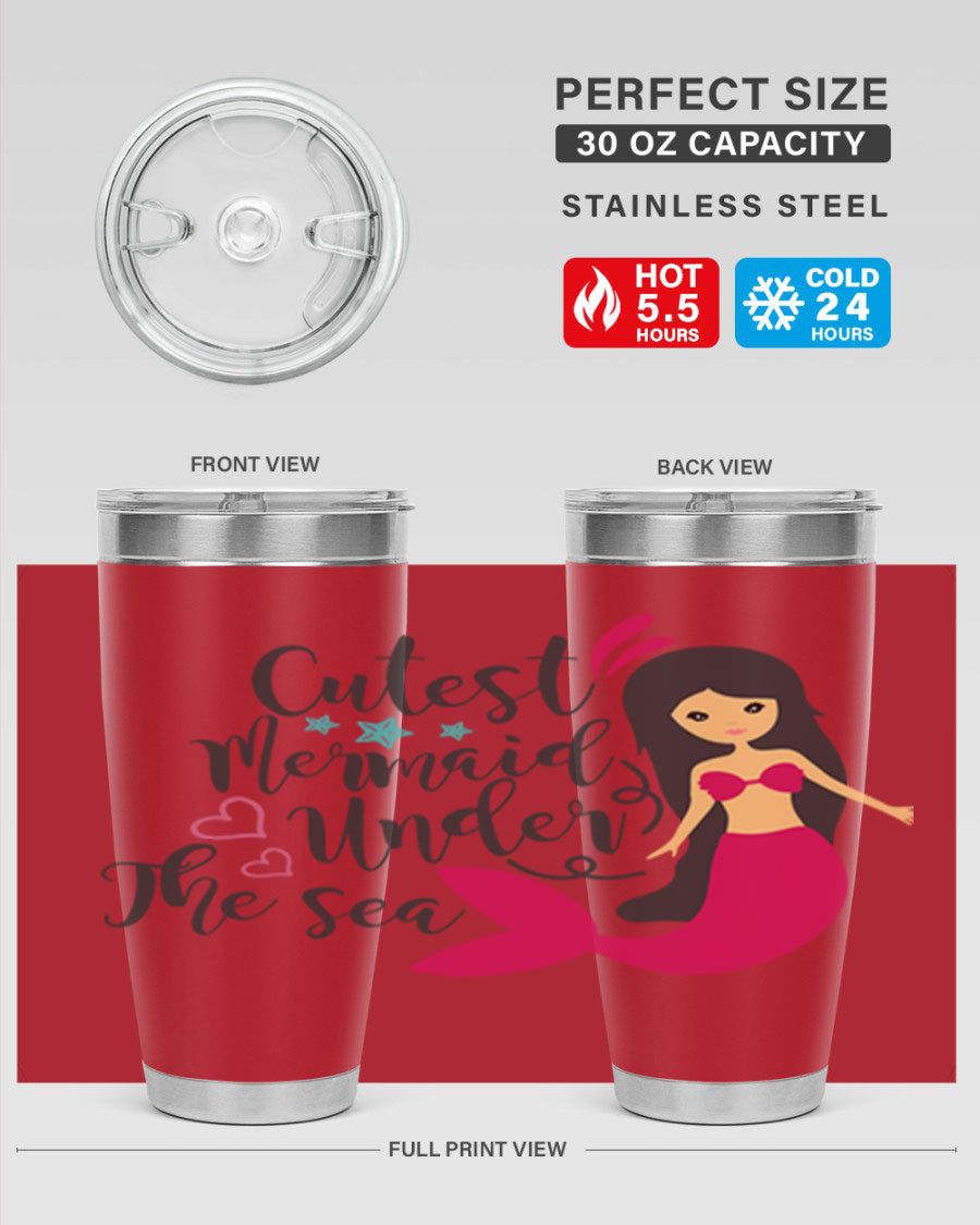 A vibrant 20oz tumbler featuring a cute mermaid design, made of double wall vacuum stainless steel with a drink-thru lid.