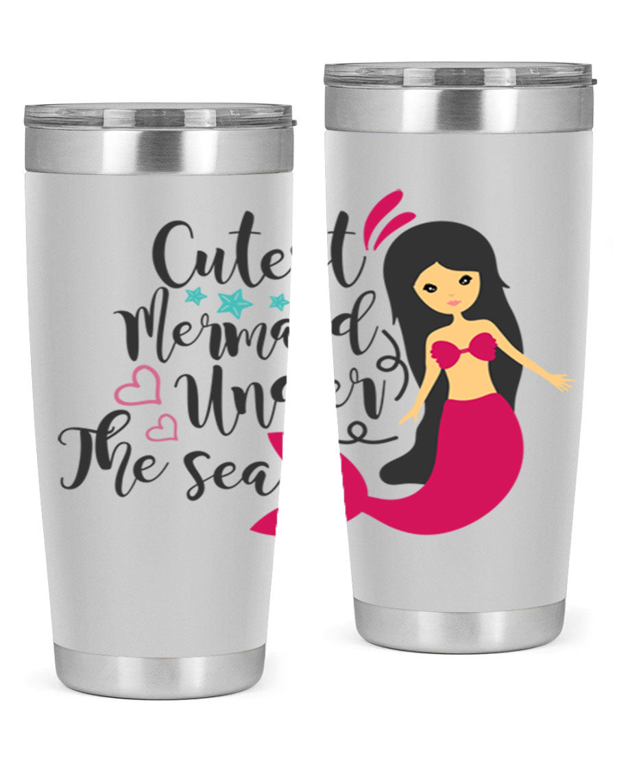 A vibrant 20oz tumbler featuring a cute mermaid design, made of double wall vacuum stainless steel with a drink-thru lid.