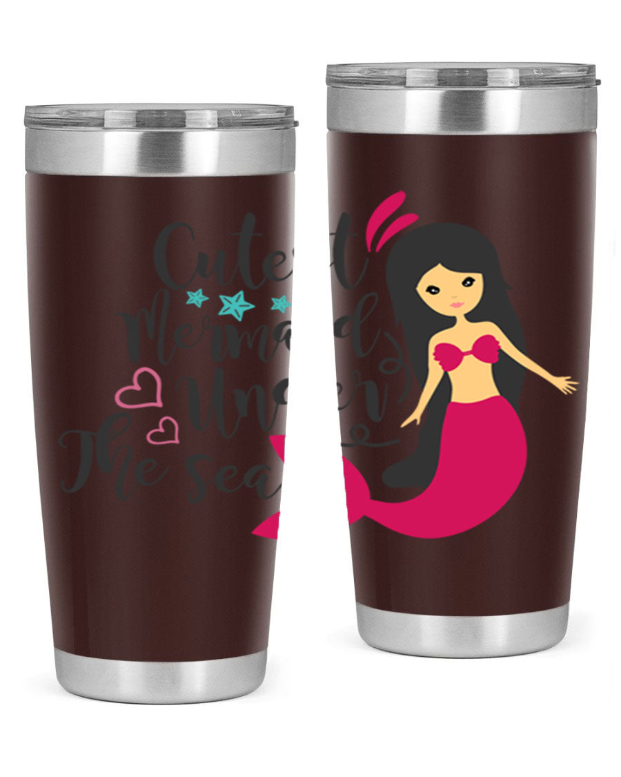 A vibrant 20oz tumbler featuring a cute mermaid design, made of double wall vacuum stainless steel with a drink-thru lid.