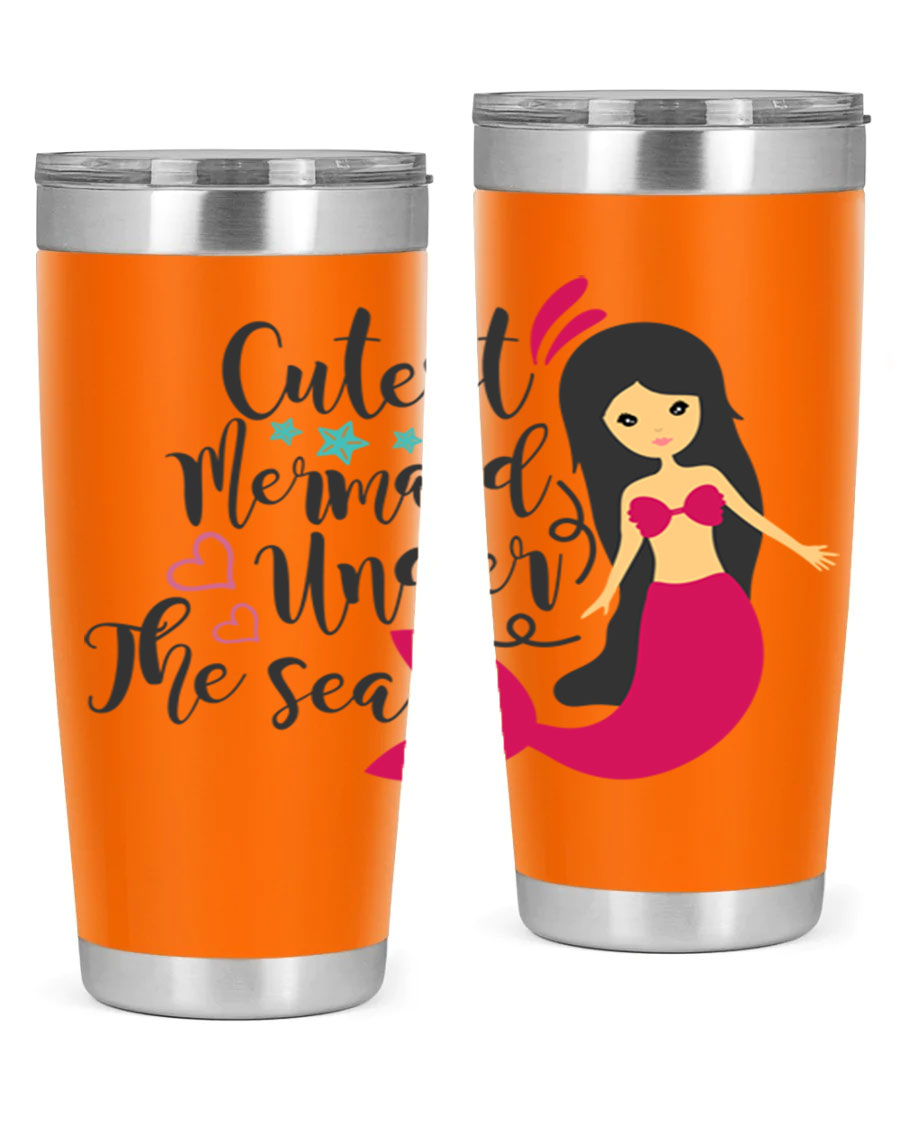 A vibrant 20oz tumbler featuring a cute mermaid design, made of double wall vacuum stainless steel with a drink-thru lid.