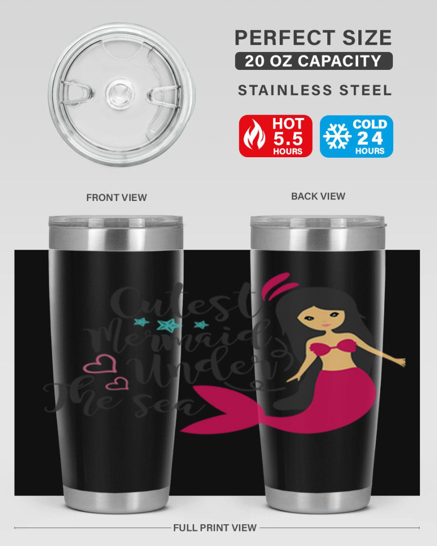 A vibrant 20oz tumbler featuring a cute mermaid design, made of double wall vacuum stainless steel with a drink-thru lid.