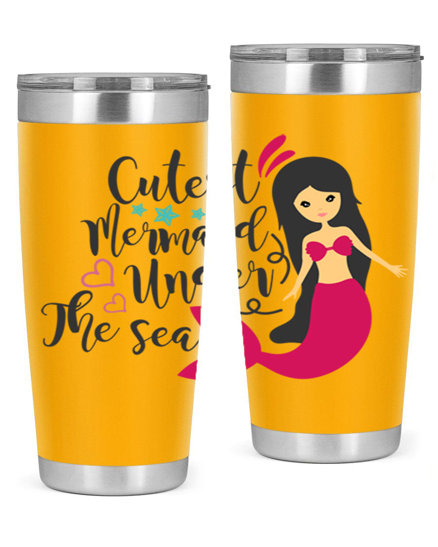 A vibrant 20oz tumbler featuring a cute mermaid design, made of double wall vacuum stainless steel with a drink-thru lid.