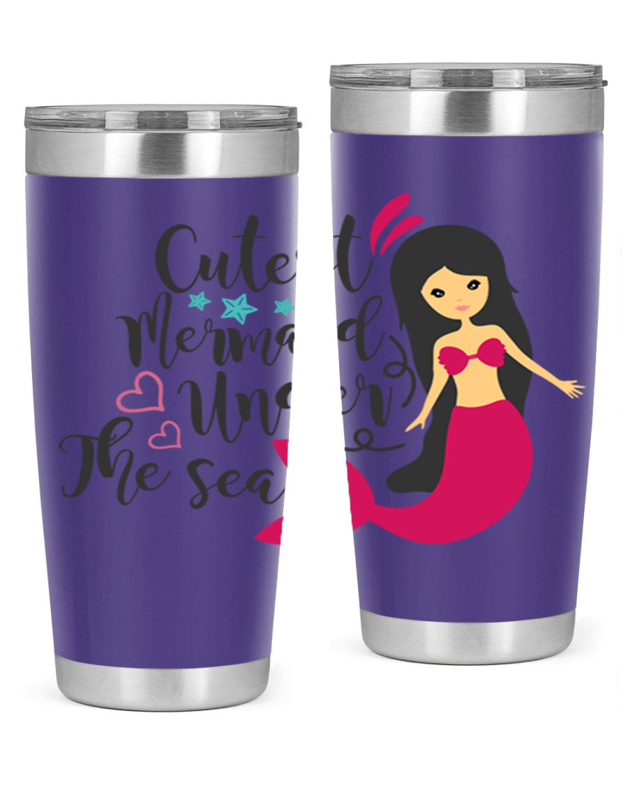 A vibrant 20oz tumbler featuring a cute mermaid design, made of double wall vacuum stainless steel with a drink-thru lid.