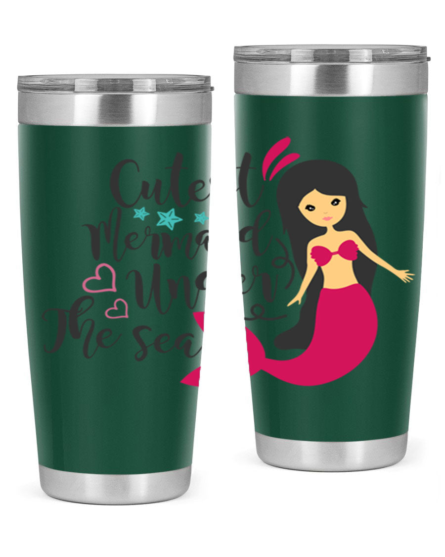 A vibrant 20oz tumbler featuring a cute mermaid design, made of double wall vacuum stainless steel with a drink-thru lid.