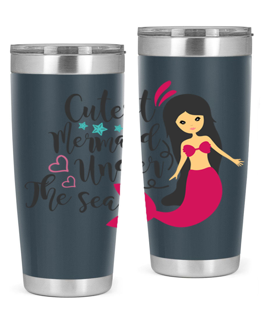 A vibrant 20oz tumbler featuring a cute mermaid design, made of double wall vacuum stainless steel with a drink-thru lid.