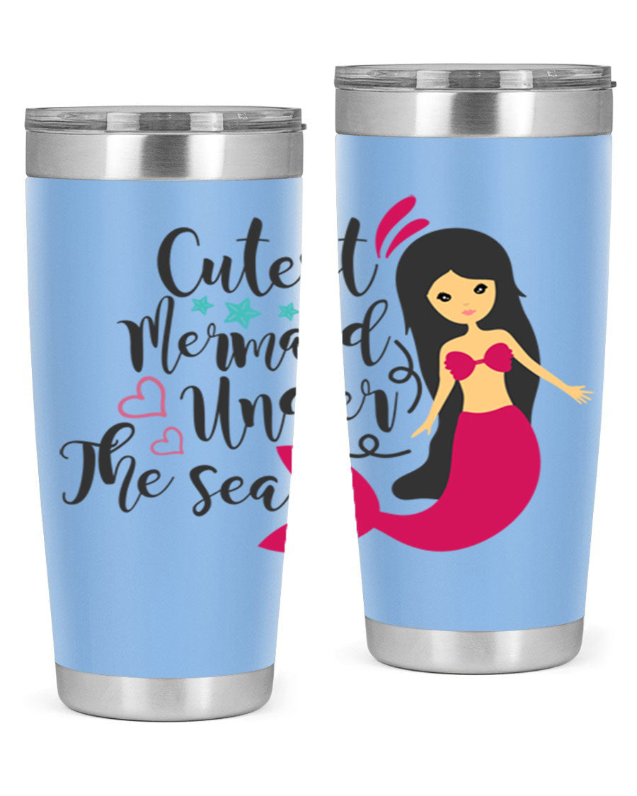 A vibrant 20oz tumbler featuring a cute mermaid design, made of double wall vacuum stainless steel with a drink-thru lid.