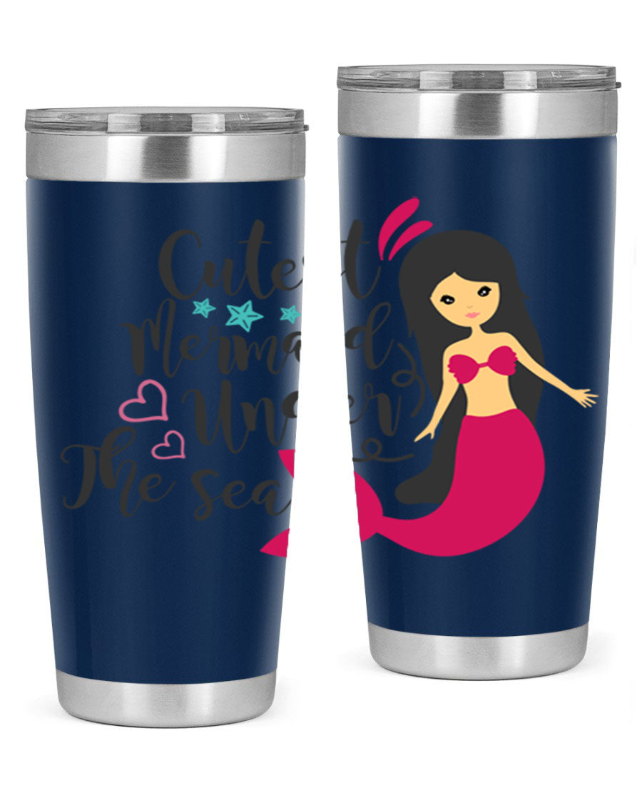 A vibrant 20oz tumbler featuring a cute mermaid design, made of double wall vacuum stainless steel with a drink-thru lid.