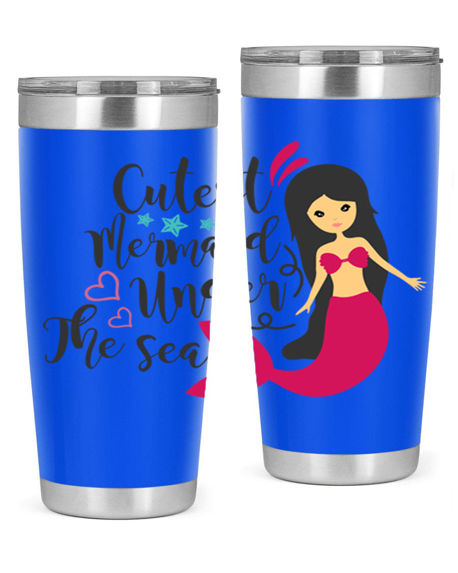 A vibrant 20oz tumbler featuring a cute mermaid design, made of double wall vacuum stainless steel with a drink-thru lid.