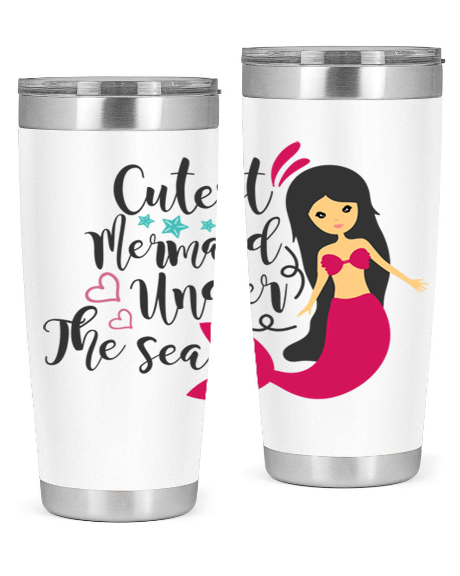 A vibrant 20oz tumbler featuring a cute mermaid design, made of double wall vacuum stainless steel with a drink-thru lid.