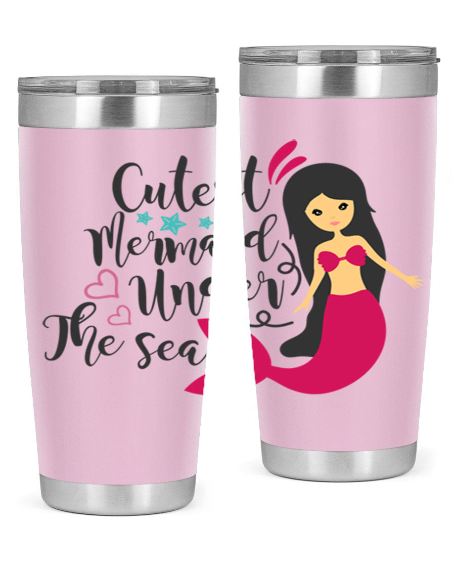 A vibrant 20oz tumbler featuring a cute mermaid design, made of double wall vacuum stainless steel with a drink-thru lid.