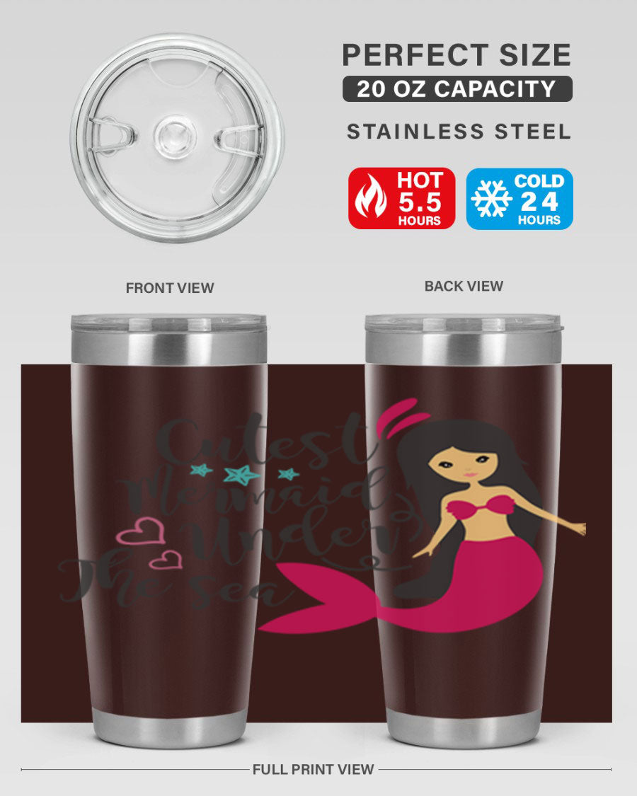 A vibrant 20oz tumbler featuring a cute mermaid design, made of double wall vacuum stainless steel with a drink-thru lid.