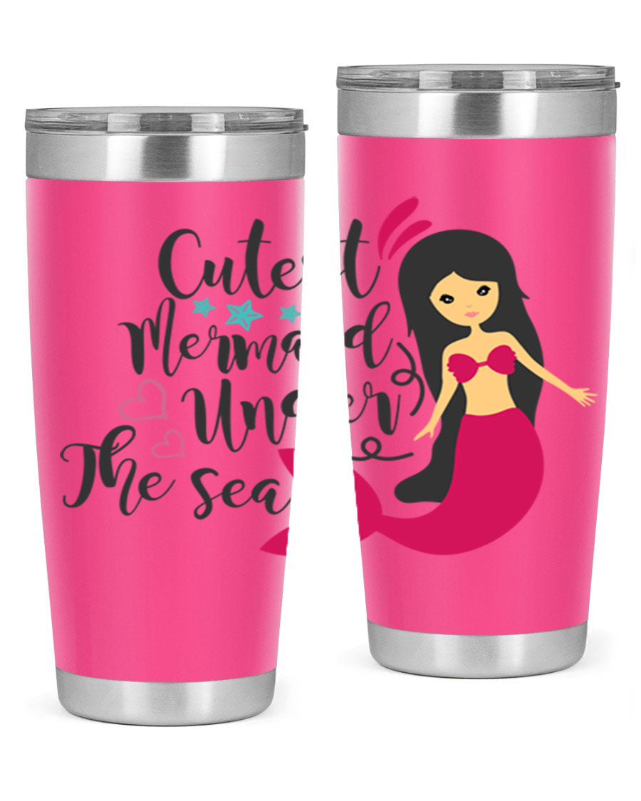 A vibrant 20oz tumbler featuring a cute mermaid design, made of double wall vacuum stainless steel with a drink-thru lid.