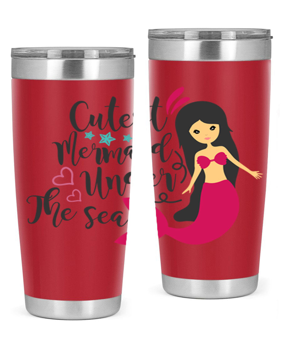 A vibrant 20oz tumbler featuring a cute mermaid design, made of double wall vacuum stainless steel with a drink-thru lid.