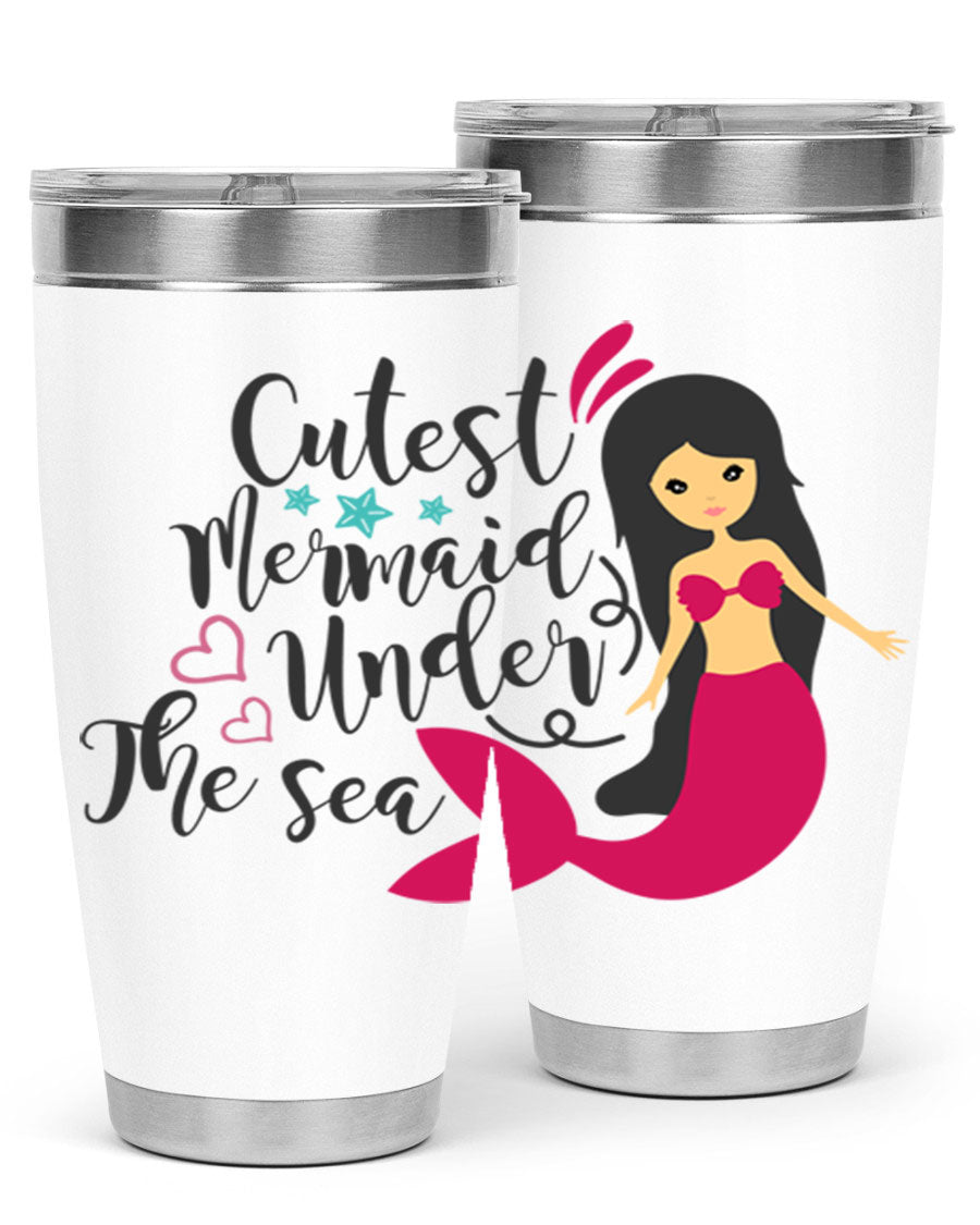 A vibrant 20oz tumbler featuring a cute mermaid design, made of double wall vacuum stainless steel with a drink-thru lid.