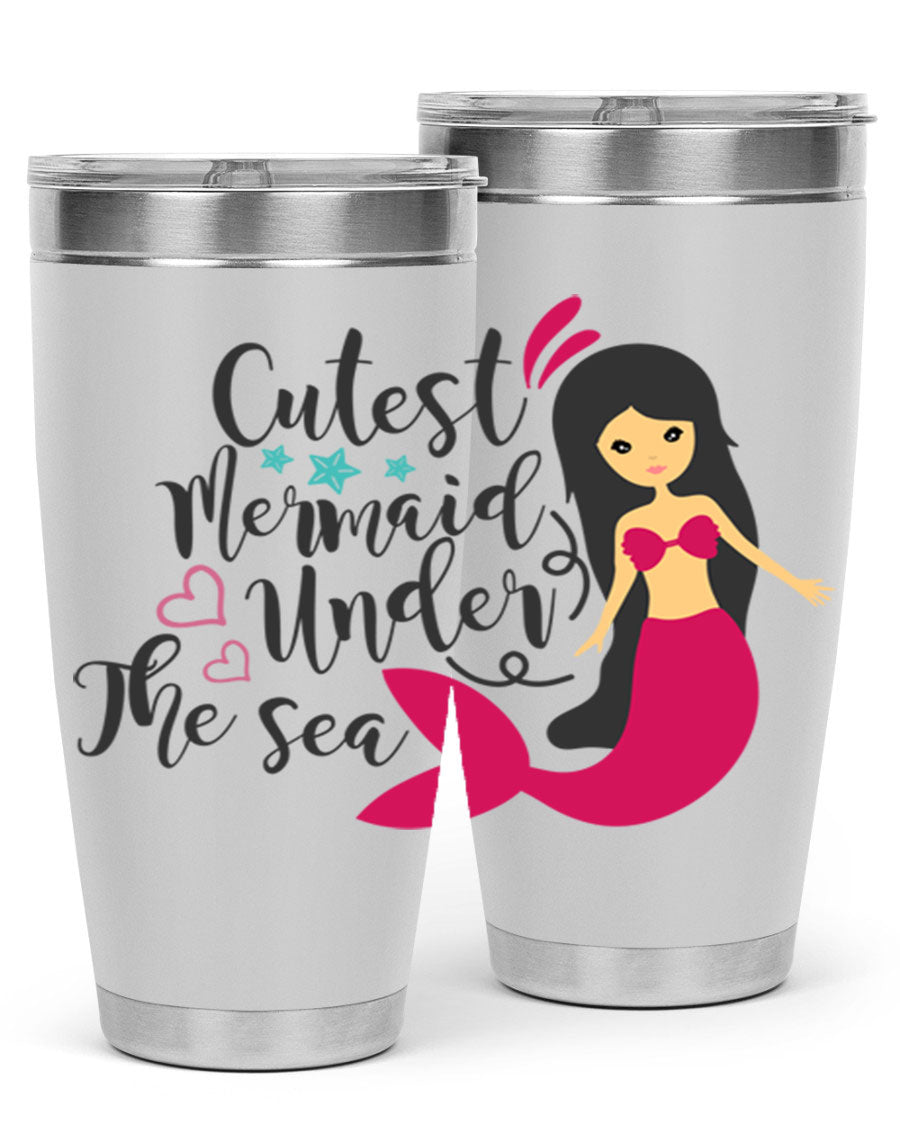 A vibrant 20oz tumbler featuring a cute mermaid design, made of double wall vacuum stainless steel with a drink-thru lid.