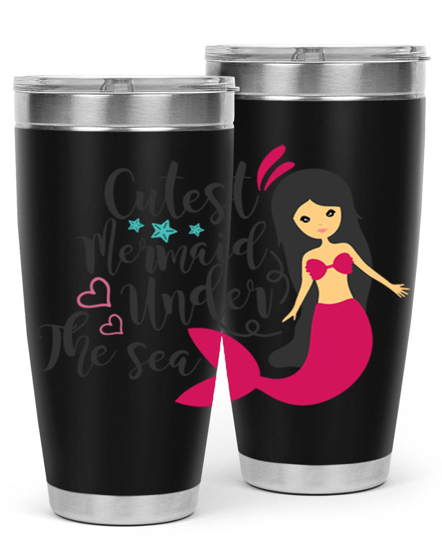 A vibrant 20oz tumbler featuring a cute mermaid design, made of double wall vacuum stainless steel with a drink-thru lid.