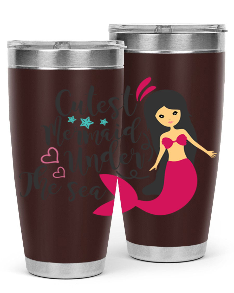 A vibrant 20oz tumbler featuring a cute mermaid design, made of double wall vacuum stainless steel with a drink-thru lid.