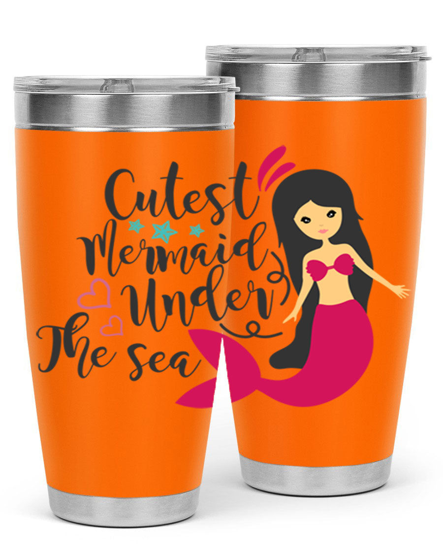 A vibrant 20oz tumbler featuring a cute mermaid design, made of double wall vacuum stainless steel with a drink-thru lid.