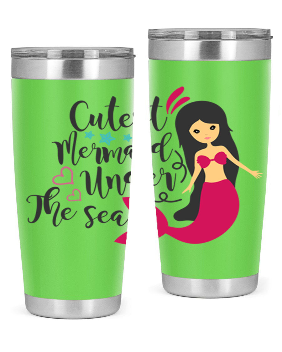 A vibrant 20oz tumbler featuring a cute mermaid design, made of double wall vacuum stainless steel with a drink-thru lid.
