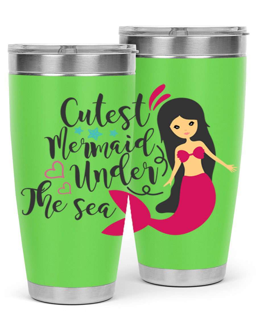 A vibrant 20oz tumbler featuring a cute mermaid design, made of double wall vacuum stainless steel with a drink-thru lid.