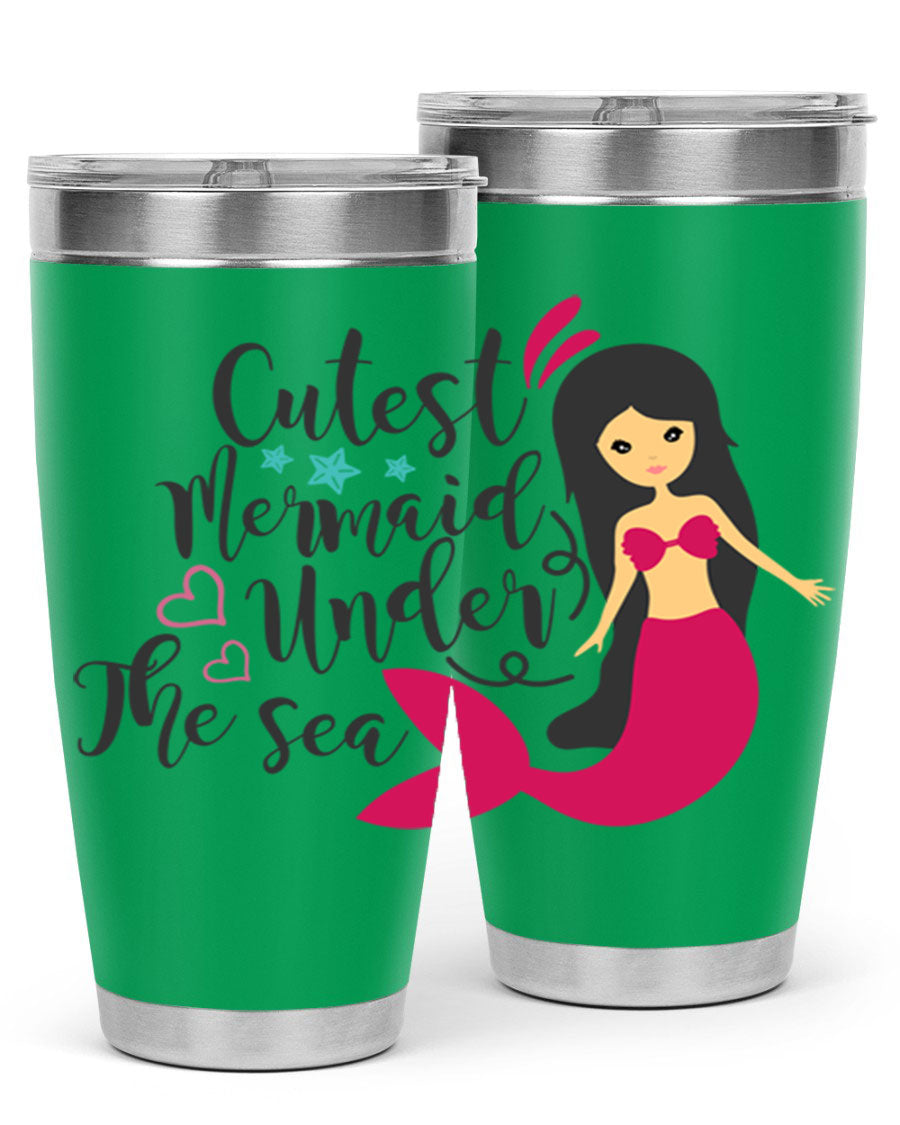 A vibrant 20oz tumbler featuring a cute mermaid design, made of double wall vacuum stainless steel with a drink-thru lid.