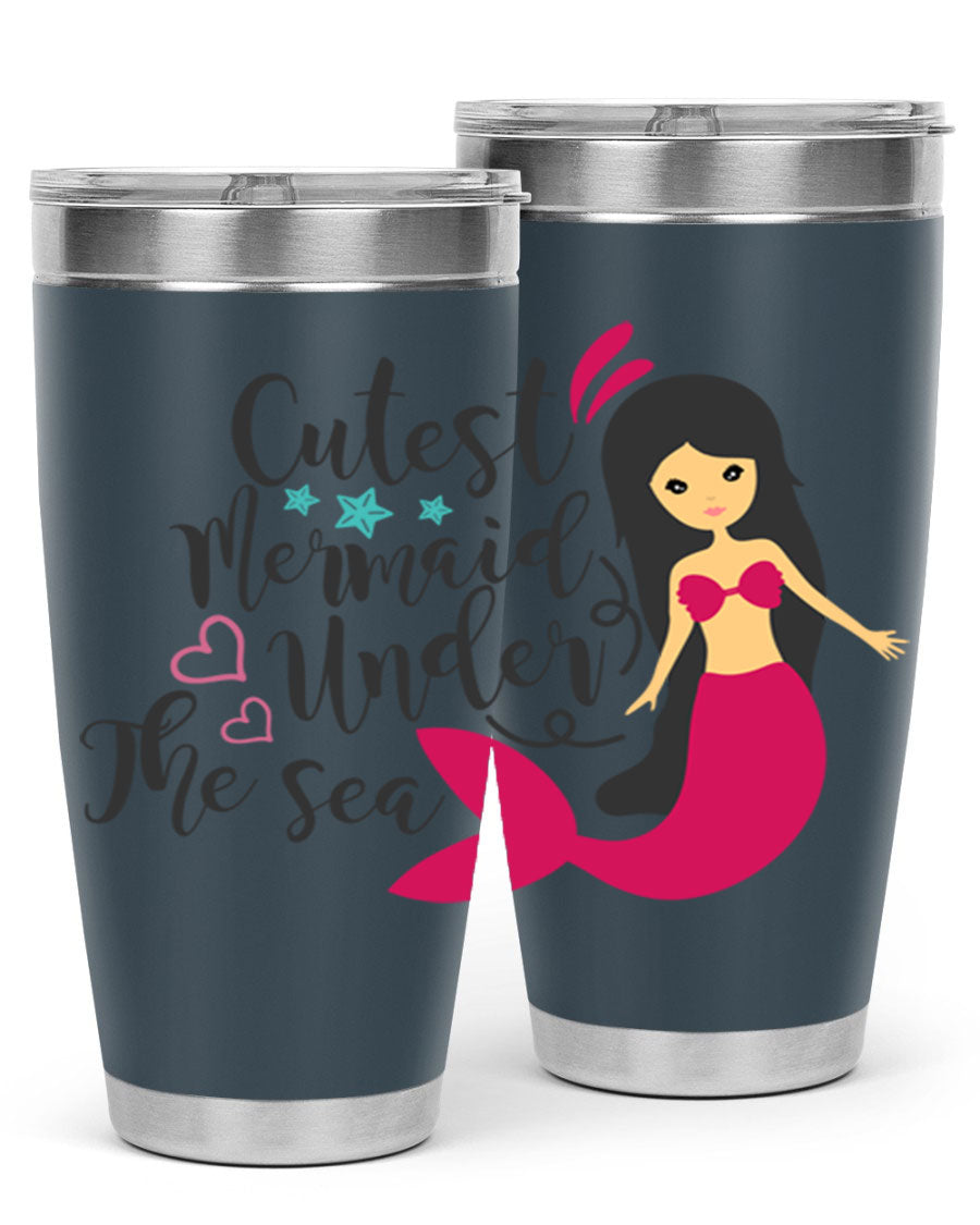 A vibrant 20oz tumbler featuring a cute mermaid design, made of double wall vacuum stainless steel with a drink-thru lid.