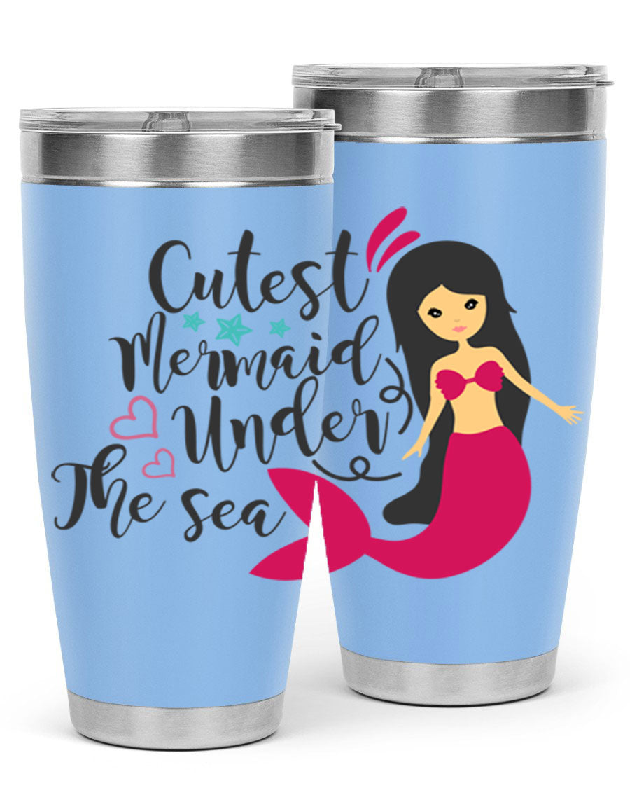A vibrant 20oz tumbler featuring a cute mermaid design, made of double wall vacuum stainless steel with a drink-thru lid.