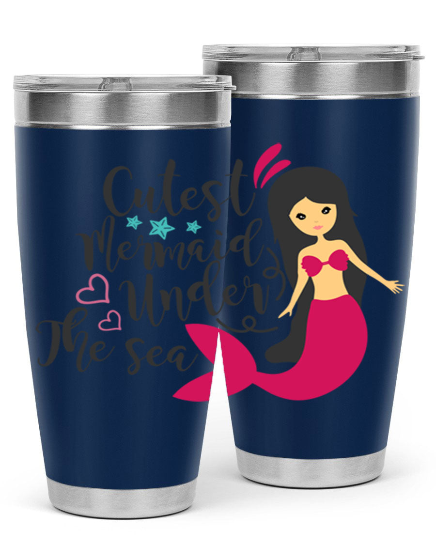 A vibrant 20oz tumbler featuring a cute mermaid design, made of double wall vacuum stainless steel with a drink-thru lid.