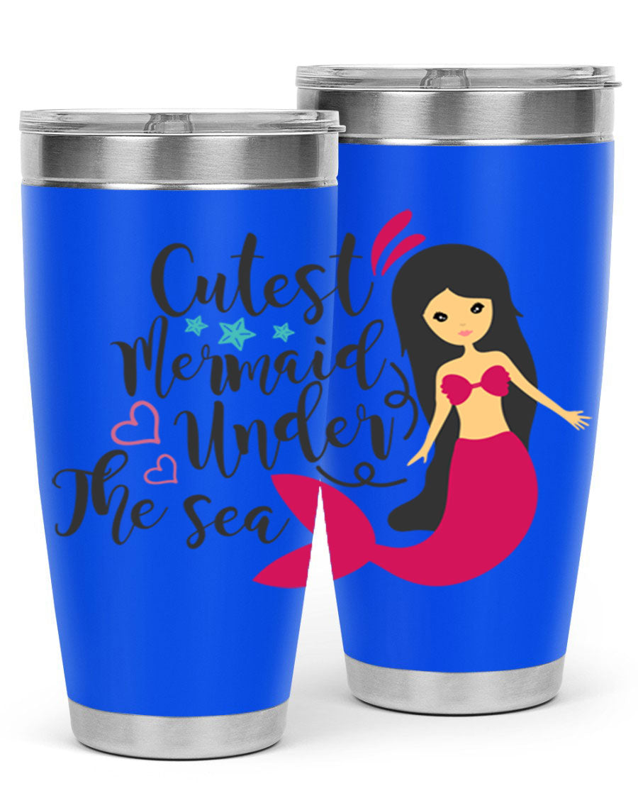A vibrant 20oz tumbler featuring a cute mermaid design, made of double wall vacuum stainless steel with a drink-thru lid.