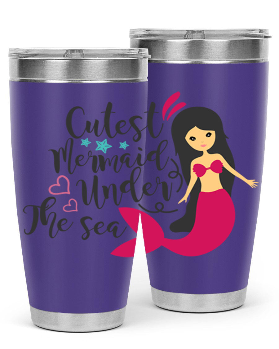 A vibrant 20oz tumbler featuring a cute mermaid design, made of double wall vacuum stainless steel with a drink-thru lid.
