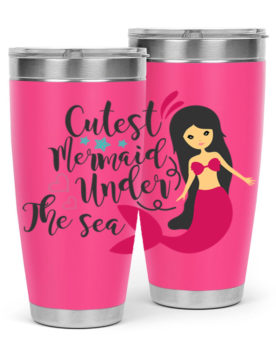 A vibrant 20oz tumbler featuring a cute mermaid design, made of double wall vacuum stainless steel with a drink-thru lid.