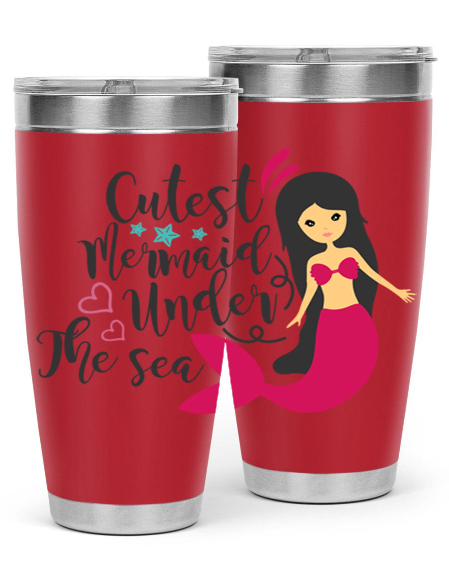 A vibrant 20oz tumbler featuring a cute mermaid design, made of double wall vacuum stainless steel with a drink-thru lid.