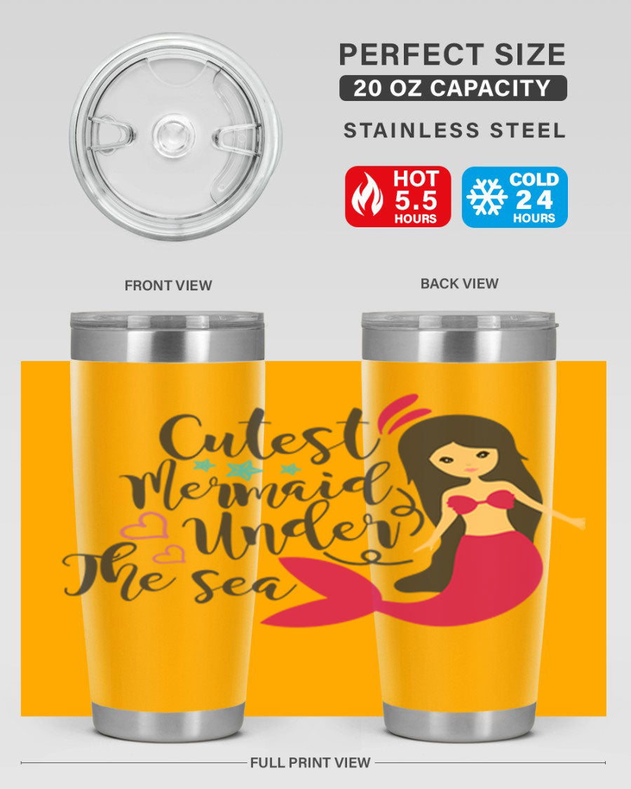 A vibrant 20oz tumbler featuring a cute mermaid design, made of double wall vacuum stainless steel with a drink-thru lid.