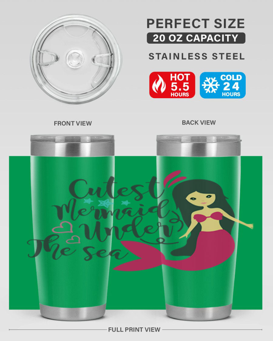 A vibrant 20oz tumbler featuring a cute mermaid design, made of double wall vacuum stainless steel with a drink-thru lid.
