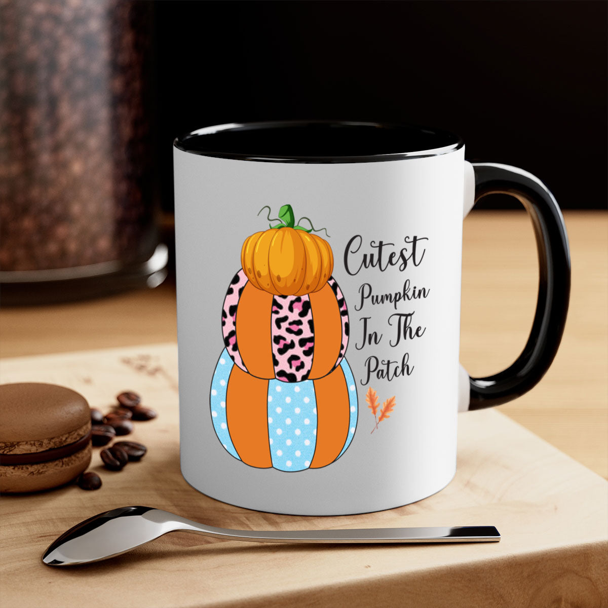 Cutest Pumpkin in the Patch mug with a glossy finish, featuring a colored handle and interior, available in five colors.