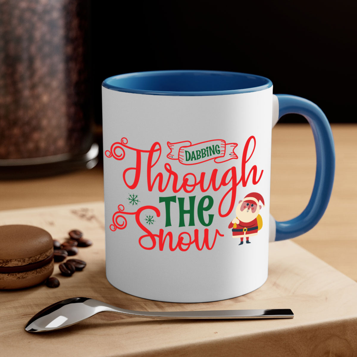 Dabbing Through the Snow Christmas Mug with colorful handle and glossy finish, perfect for holiday beverages.