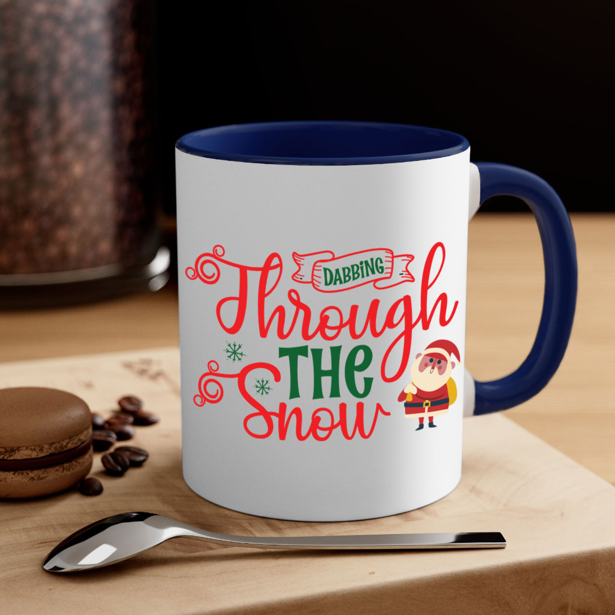 Dabbing Through the Snow Christmas Mug with colorful handle and glossy finish, perfect for holiday beverages.