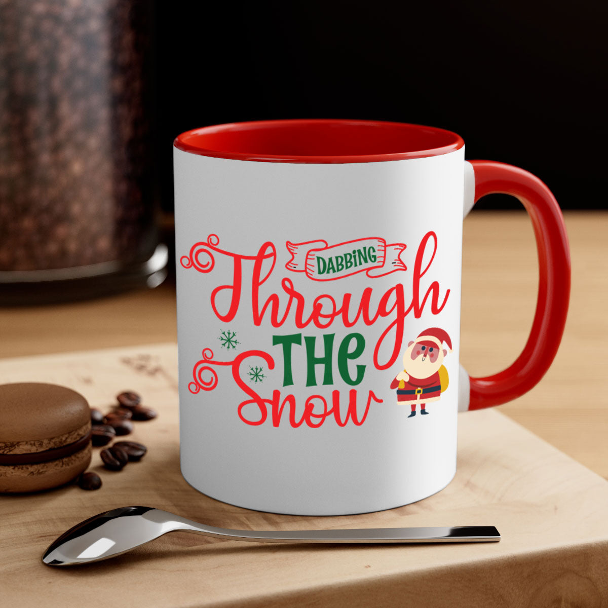 Dabbing Through the Snow Christmas Mug with colorful handle and glossy finish, perfect for holiday beverages.