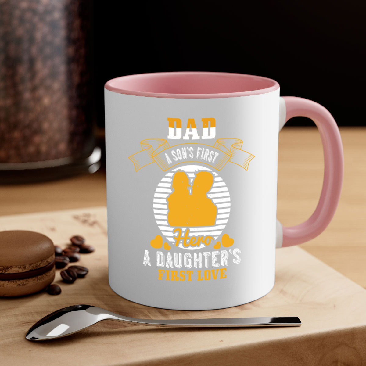 Ceramic coffee mug with 'Dad a Son’s First Hero' design, featuring a colored handle and glossy finish, available in multiple colors.