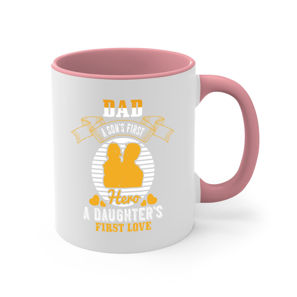 Ceramic coffee mug with 'Dad a Son’s First Hero' design, featuring a colored handle and glossy finish, available in multiple colors.