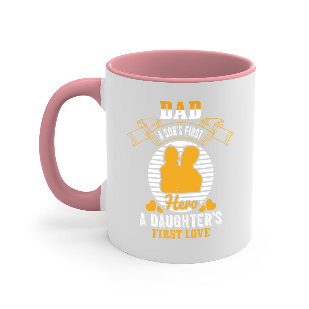 Ceramic coffee mug with 'Dad a Son’s First Hero' design, featuring a colored handle and glossy finish, available in multiple colors.