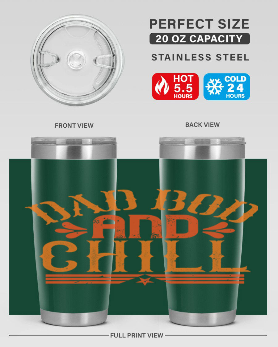 Dad Bod and Chill 20oz Tumbler featuring double wall vacuum insulation and a stylish design, perfect for Father's Day gifts.
