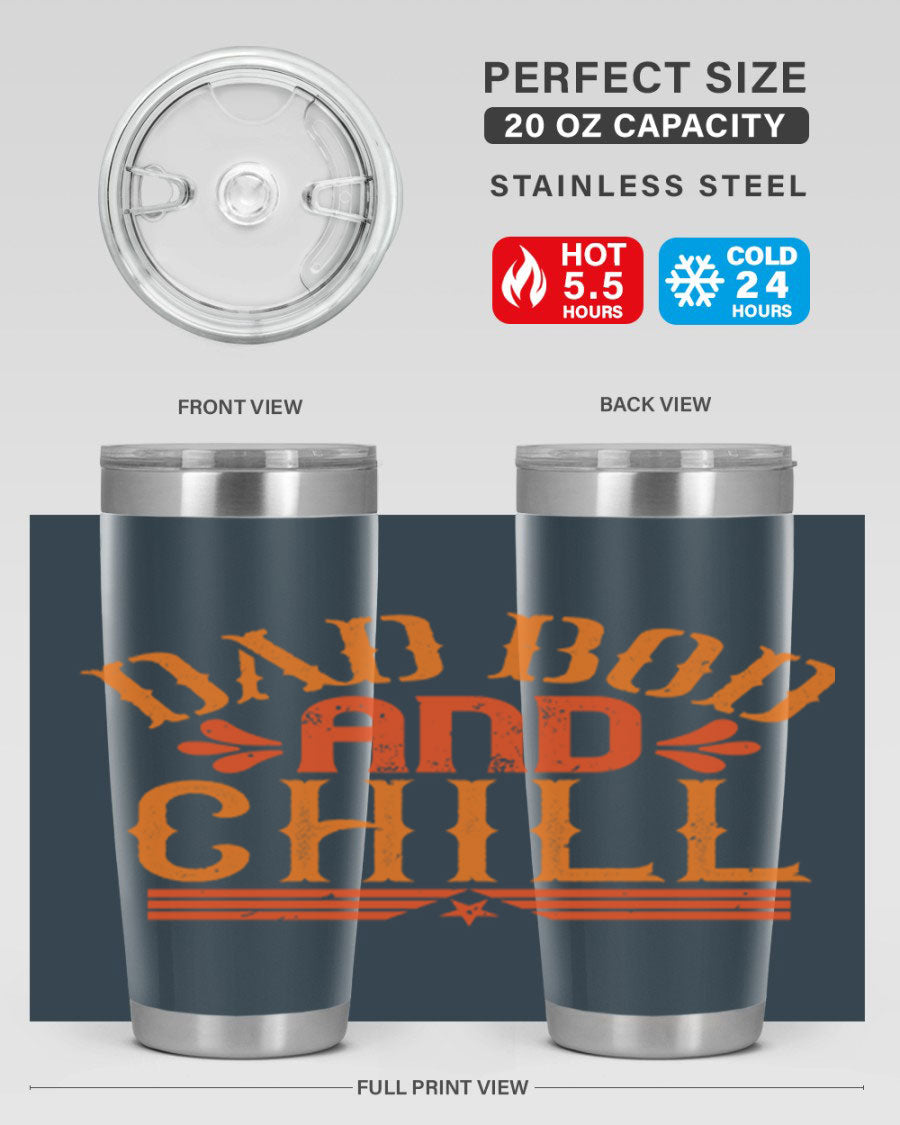 Dad Bod and Chill 20oz Tumbler featuring double wall vacuum insulation and a stylish design, perfect for Father's Day gifts.
