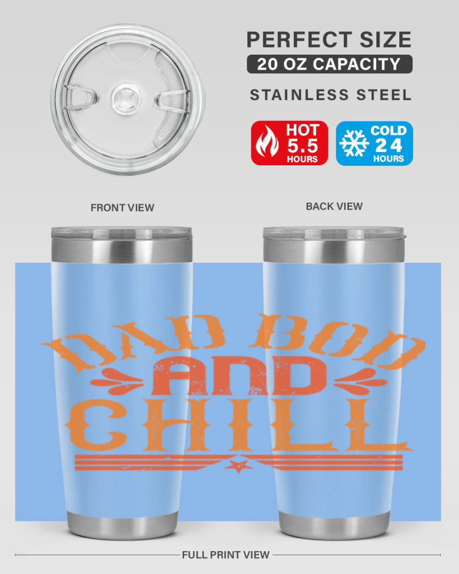 Dad Bod and Chill 20oz Tumbler featuring double wall vacuum insulation and a stylish design, perfect for Father's Day gifts.