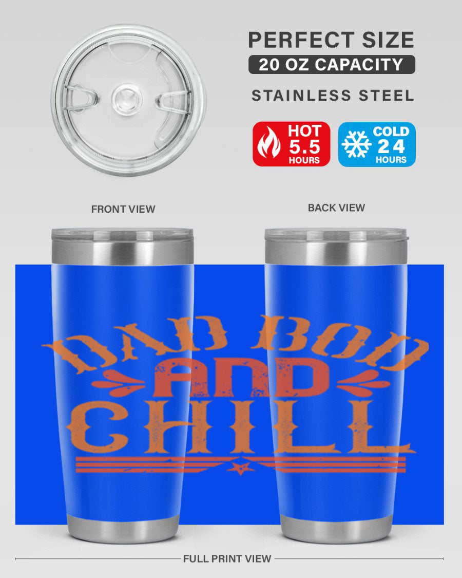 Dad Bod and Chill 20oz Tumbler featuring double wall vacuum insulation and a stylish design, perfect for Father's Day gifts.