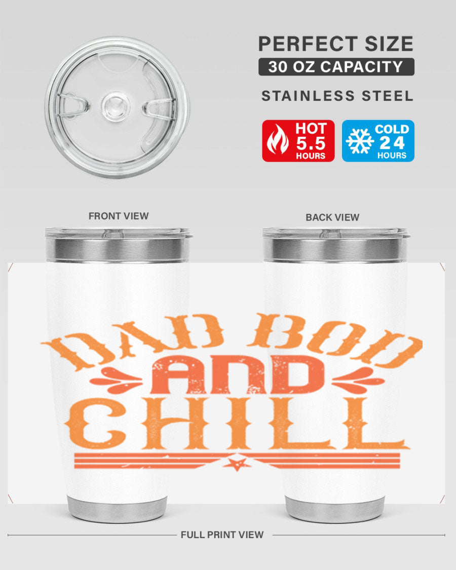 Dad Bod and Chill 20oz Tumbler featuring double wall vacuum insulation and a stylish design, perfect for Father's Day gifts.
